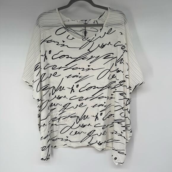 Luukaa Script Print Dolman Sleeve Top Women's Size 14 White Striped Shoulder - Picture 1 of 7